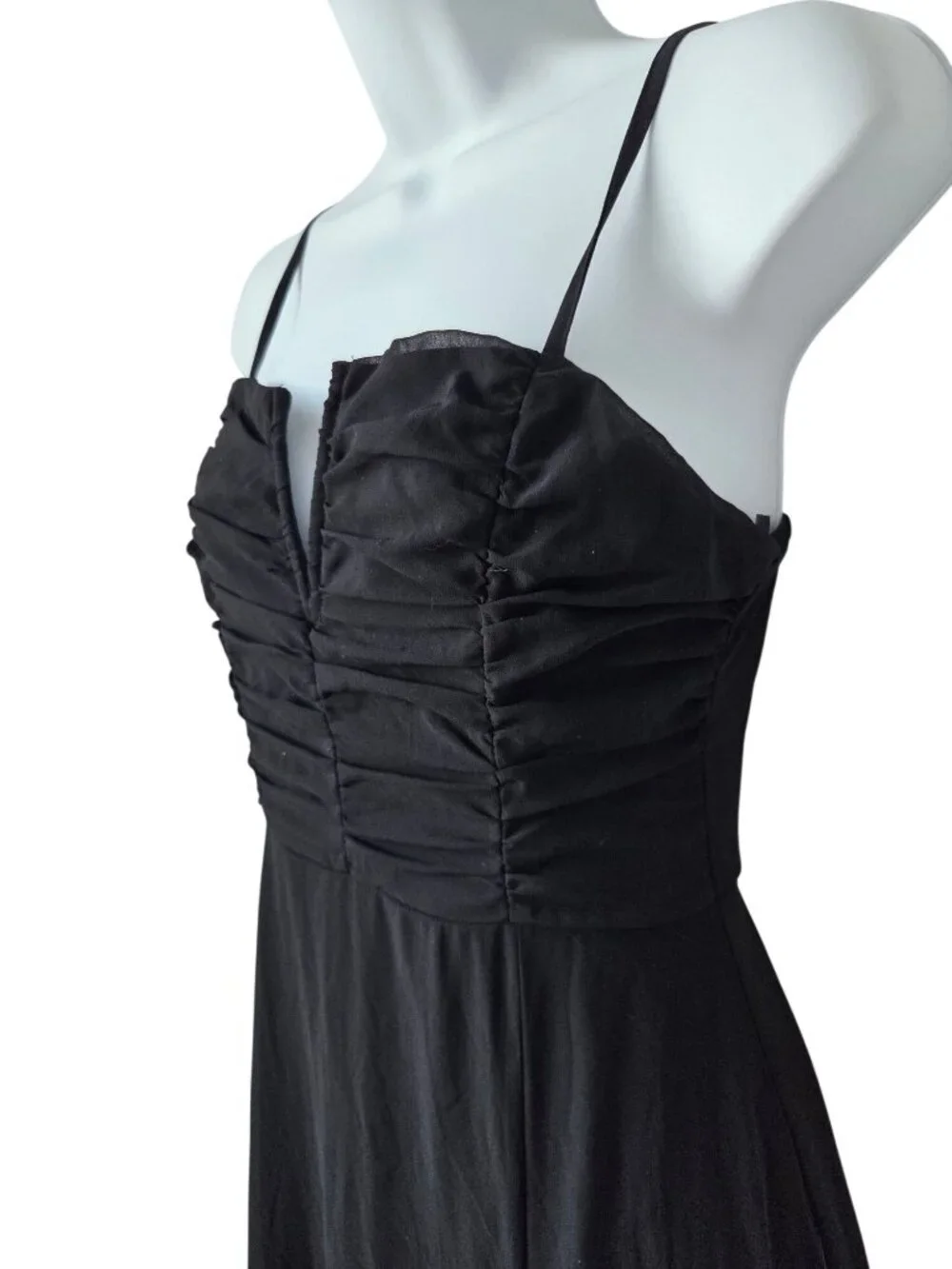 Lulus Elegant Black Maxi Dress With Ruched Bodice Spaghetti Straps & High Slit -